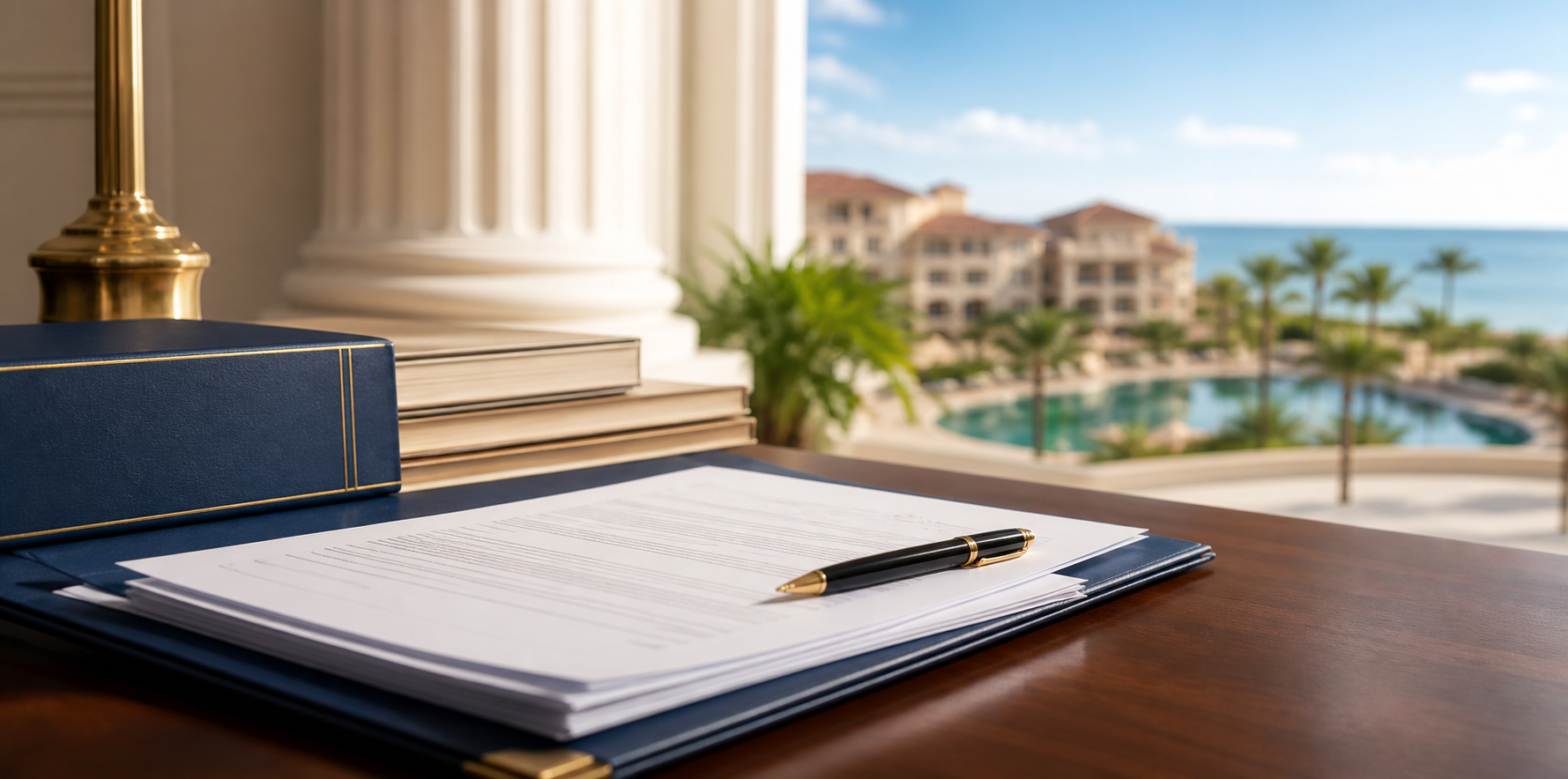 Professional deed transfer paperwork arranged beside a pen with a vacation property in the background